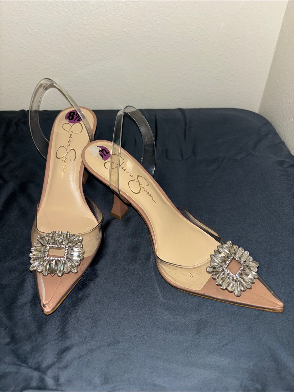 Jessica Simpson Nude Pointed-Toe Slingback Heels with Crystal Brooch